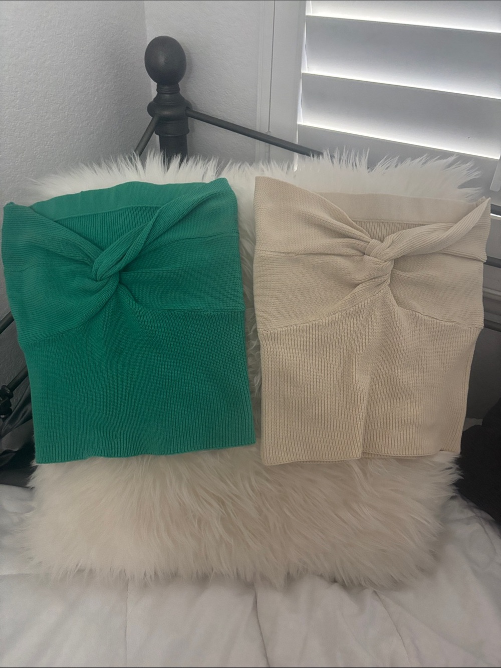 Twist-Front Knit Mini Skirt — Green and Cream